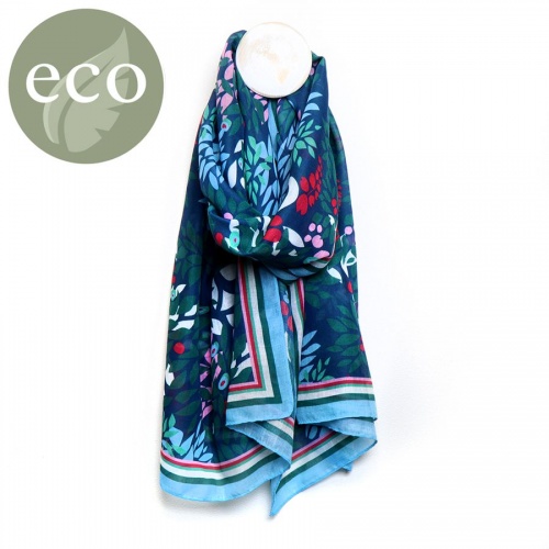 Recycled Blue, Teal & Raspberry Leaf Print Scarfby Peace of Mind